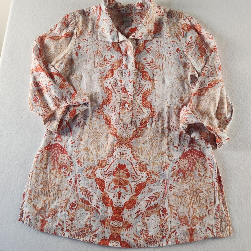 Chicos Linen Bohemian Tunic Women Sz 1 Artsy Resort Wear Orange Floral Medallion